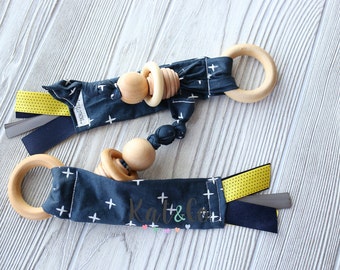 Ready to ship Natural maple teething ring in organic navy star fabric. Can be personalized.