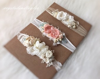 Set of 3 Floral Headbands, Baby Girl Headbands, Soft Stretch Headbands, Newborn Headbands, Photo Props, Newborn Props, Natural Props