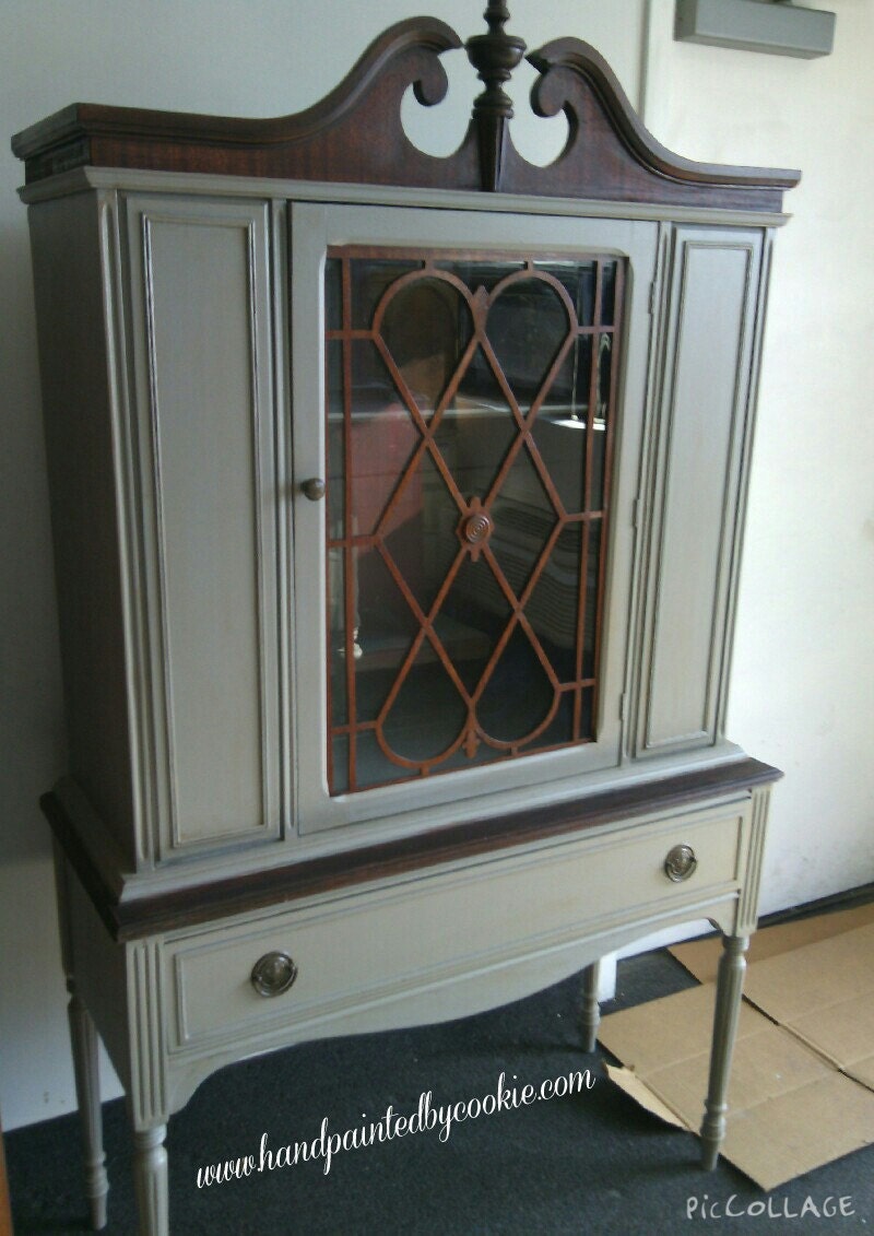 vintae china cabinet, shabby chic, painted, handpainted, distressed, rustic, farmhouse, country, cottage