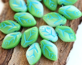 12x7mm Spring Green Leaf beads, Mixed Green with Blue Inlays, Czech glass pressed leaves - 25Pc - 0955