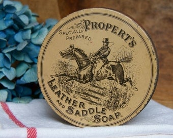Vintage Propert's Leather & Saddle Soap Tin Container || Primitive Display Decor