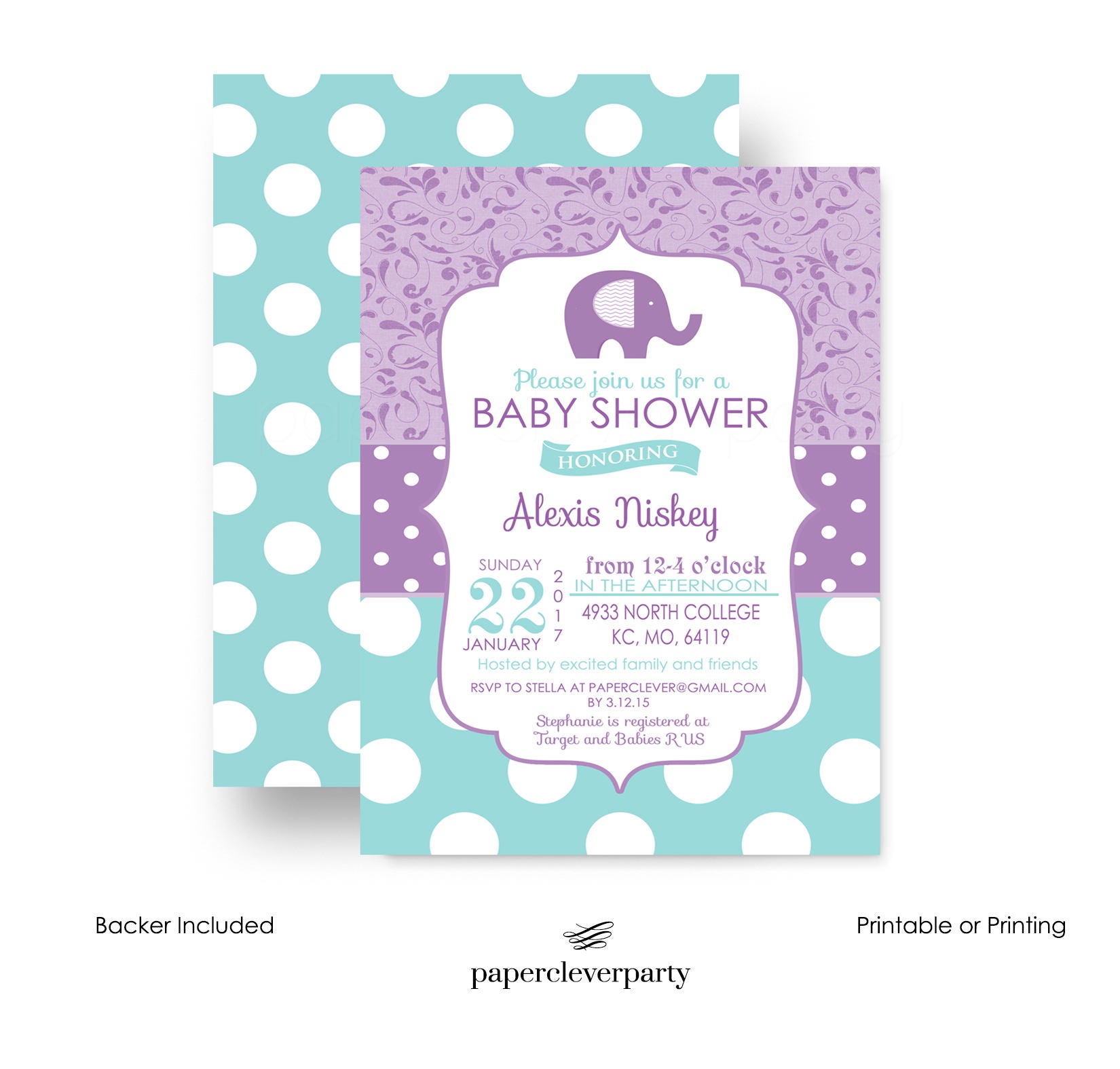 Purple Elephant Baby Shower Invitations 4