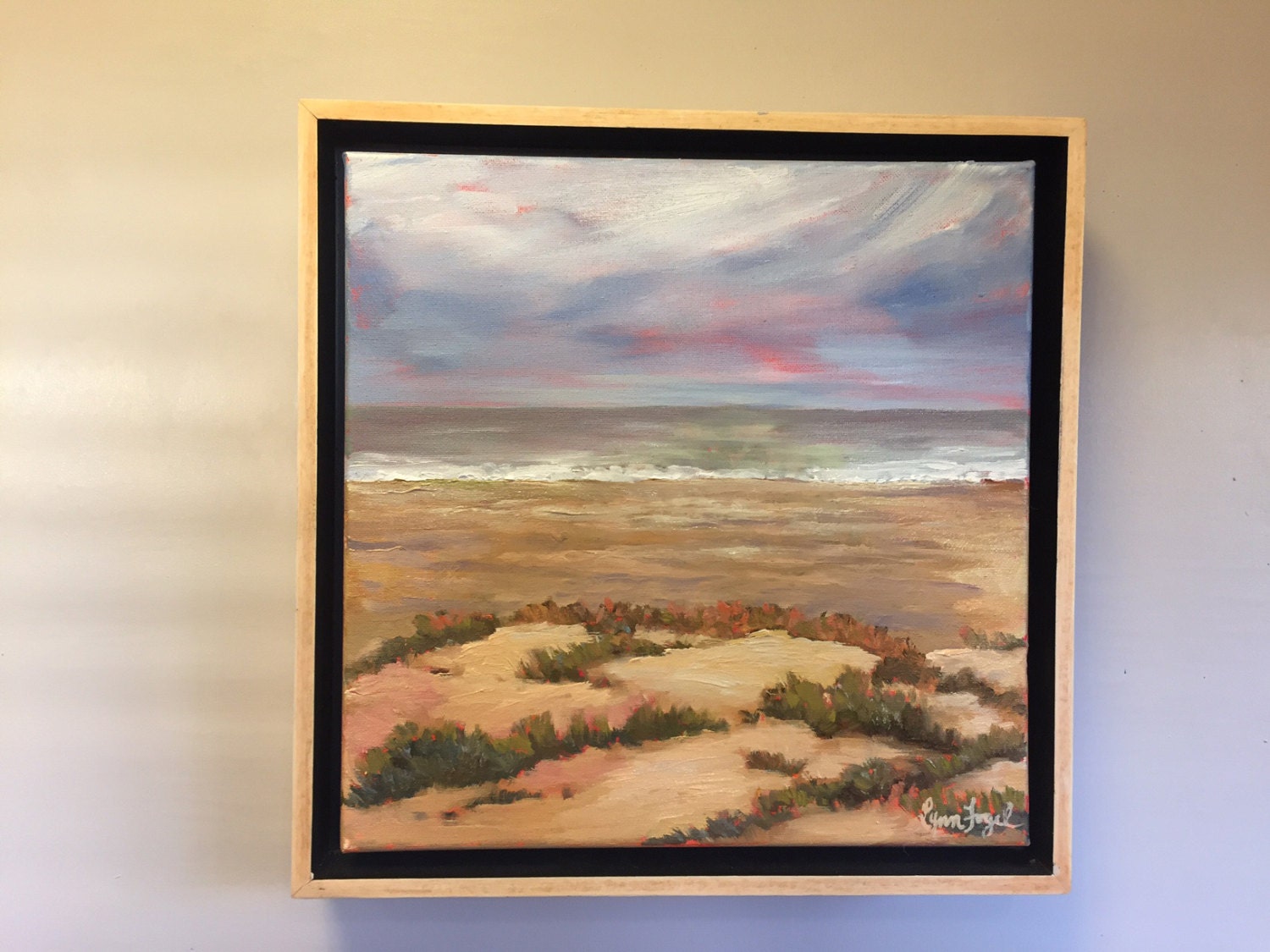 Beach oil painting 12 x 12 in floater frame by LynnFogel on Etsy