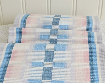 Rustic table runner, pink blue , vintage Swedish linen , country cottage style, 9 " x 52 "