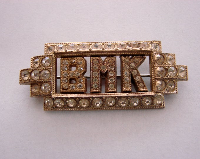 Art Deco Designer Signed GOODY Rhinestone Monogram BMK Brooch / Jewelry / Jewellery