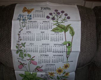 Vintage 1988 Calendar Tea Towel...Plants and Butterflies...Vibrant Colors...Beautiful...1980's Wall Art ...Great Condition...