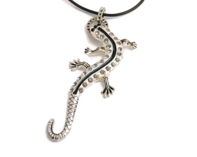 Large lizard pendant, silver tone gecko, pave encrusted clear and black rhinestones, black cord, fancy connector with black enamel