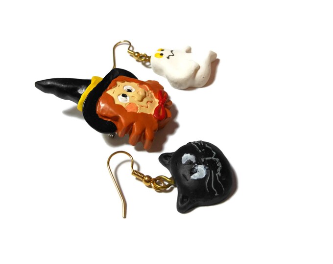 FREE SHIPPING Halloween brooch and earring set, ceramic witch brooch, ghost and black cat earrings on gold tone french hooks probably plated