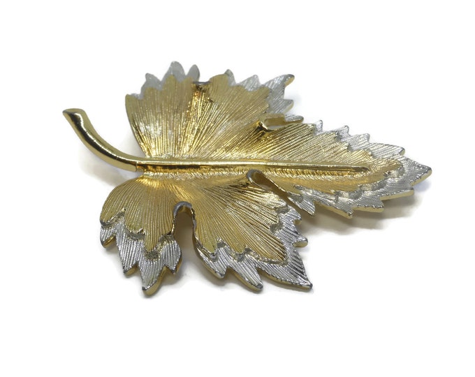 Sarah Coventry leaf brooch, two tone leaf, gold silver textured, leaf with stem, large brooch