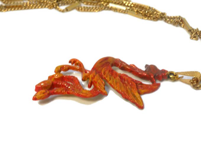 FREE SHIPPING Hand painted phoenix pendant, orange and yellow enamel, vintage gold chain oblong spacers, finely detailed phoenix pendant