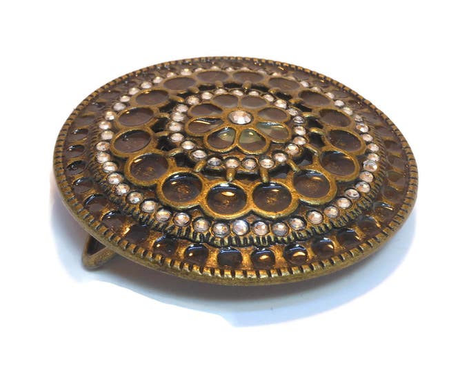 FREE SHIPPING Large round belt buckle, bronze ornate belt buckle, glass and rhinestone circles and teardrops, fancy western wear