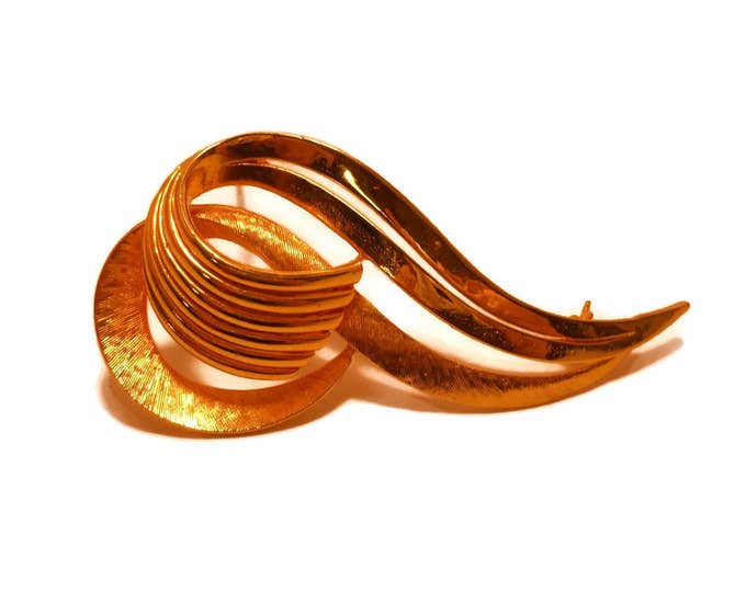 FREE SHIPPING Sphinx swirl brooch pin, 1960s signed gold two tone swirl pin, textured and glossy