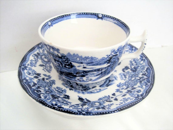 Blue White Cup Saucer - Blue Tonquin Pattern - Royal Staffordshire England