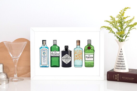 Gin Bottle Illustration A4 Print Art for Gin Lovers by n0meo