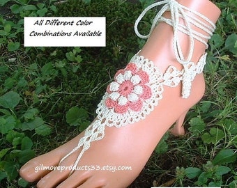 Coral LAYERED Barefoot Sandals Flower Shoes Women's Foot Jewelry Beach Wedding Anklet Sized Ankle Necklace Crochet Footless Sandles