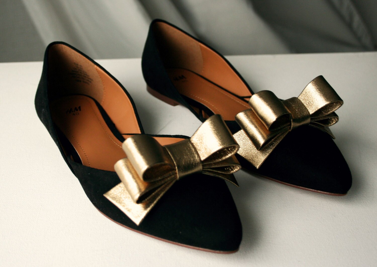 Gold Leather Bow Shoe Clips set