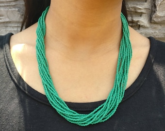 Kelly Green Multi-Strand Seed Beads Necklace with Silver Plated Findings, Nepal