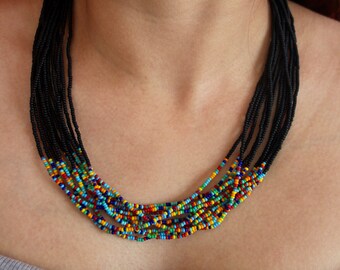 Matte Black with Mixed Accent Multi-Strand Seed Beads Necklace, Handmade in Nepal