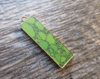 SALE Green Mojave Turquoise bar pendant 18k gold plated edges and bail. 10mm x 38mm apple green unique matrix colorful necklace pendant
