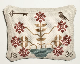 Completed Cross Stitch Primitive Summer Blooms Pinkeep Pillow Tuck