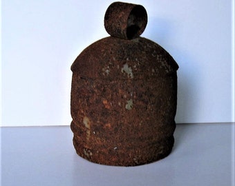 Large Old rusty Cow Bell, wind chime, wood clacker, 6 1/2" tall, Rustic Farmhouse , gift idea
