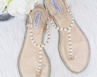 Women Pearls Flat Sandals NO BOW - White and Nude Patent Pearl/Rhinestones flat sandal. Perfect for brides, bridesmaid gifts, wedding party