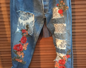 Made to Order RitaNoTiara vintage customised Levis jeans all sizes Embroidery patch patch roses floral denim damask mid west prairie boho