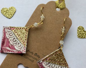 Vintage inspired lace, pink and gold earrings