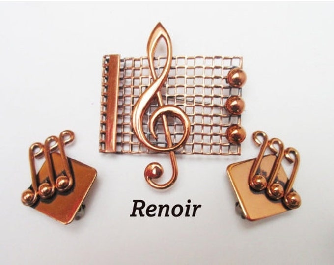 Copper Treble Brooch and earring set - Renoir signed - Mid century - Music note pin and earrings