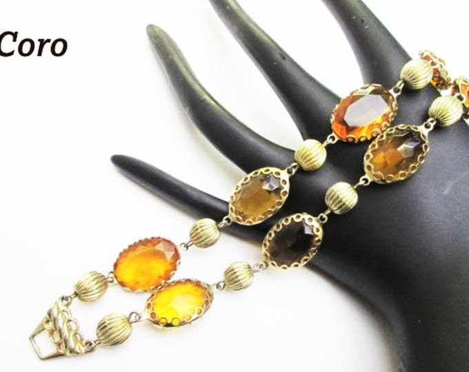 Glass Stone link bracelet- Pegasus Coro Signed - Amber yellow crystal - mid century Bangle