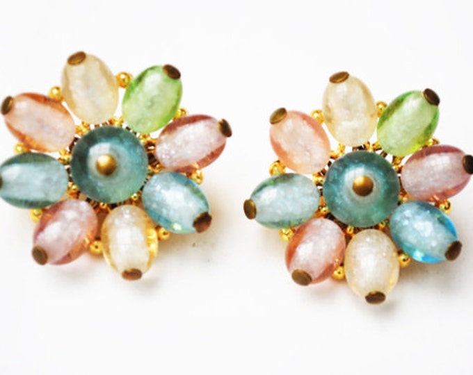 Pastel Flower Earrings - Crown Trifari - Pink Green and Blue Translucent lucite bead - Clip on Earrings - Mid Century