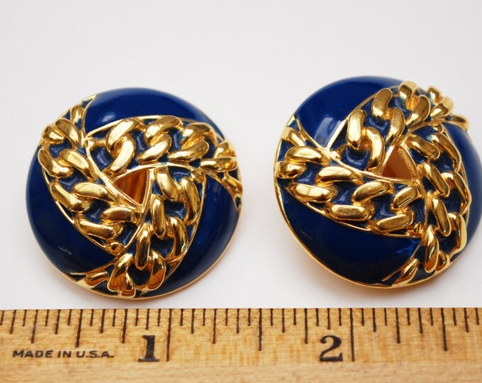 St John Earrings- Chunky Blue Enamel Gold rope chain -Clip on earrings - Nautical