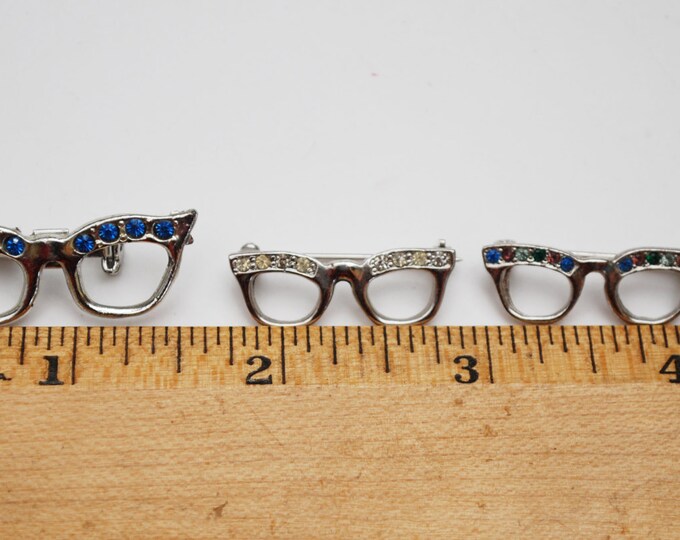 Eye Glass Scatter pins - lot of brooches - Silver frame - Rhinestones - Figurine eye glasses - Eyeglass pin