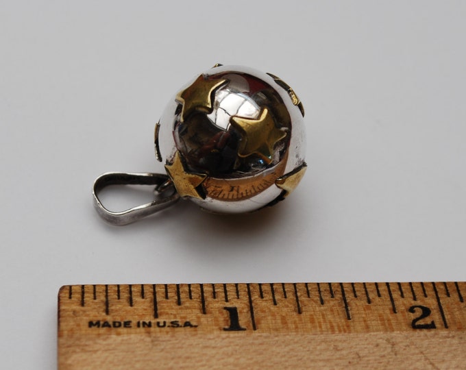 Sterling Bell Pendant - Brass Moon Stars - signed Mexico 925 II - Chiming round Bell ball