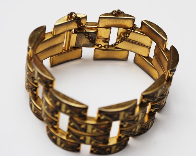 Wide Damascene Link bracelet - 4 rows of gold black enameling links - Safety chain