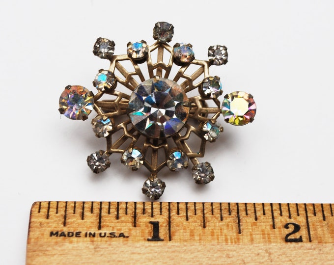 Rhinestone Atomic Brooch - Clear Aurora borealis Crystal - gold tone metal - Snowflake pin