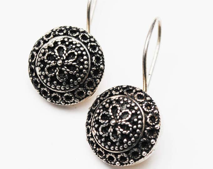 Sterling Flower Earring - Silver filigree - Signed DGS Turkey - Dangle Drop round disk Earrings