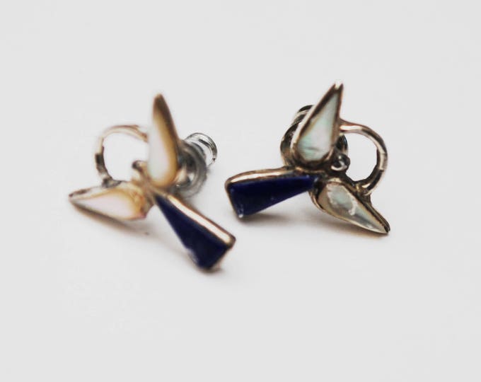 Sterling Angel Stud Earrings -Blue Lapis gemstone -White mother of pearl - pierced earring