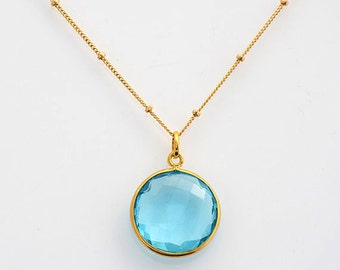 Blue Topaz Necklace, December Birthstone Necklace, Custom Jewelry, gold Necklace, round gemstone necklace - Birthstone Pendant