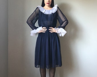 Vintage Sheer Navy Ruffle Collar Dress