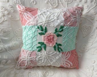 SUMMER SALE...Pillow Cover Vintage Chenille Morgan Jones and Cabin Crafts in Pink and Green...17 x 17"