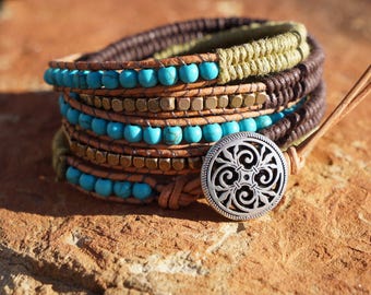 Turquoise Leather Wrap Bracelet Boho Western by fleurdesignz