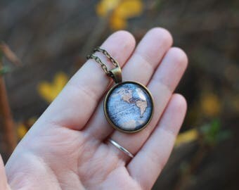 World Map Necklace, Antique Map Necklace, Globe Necklace, Map Jewelry, Wanderlust Necklace