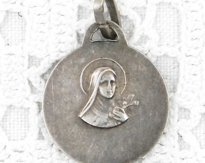 Vintage French Mid Century Tarnished Silver Religious Medal of the Virgin Mary and Saint Theresa / St Therese, Christian Our Lady Charm