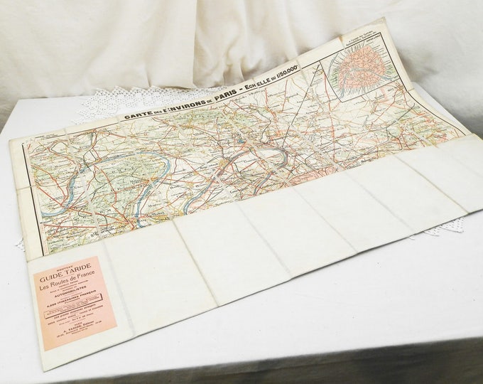 Antique Fabric Backed Paper Taride Map of Paris and the Surrounding Area from 1914 for Cyclists and Cars, Old Parisian Map from France