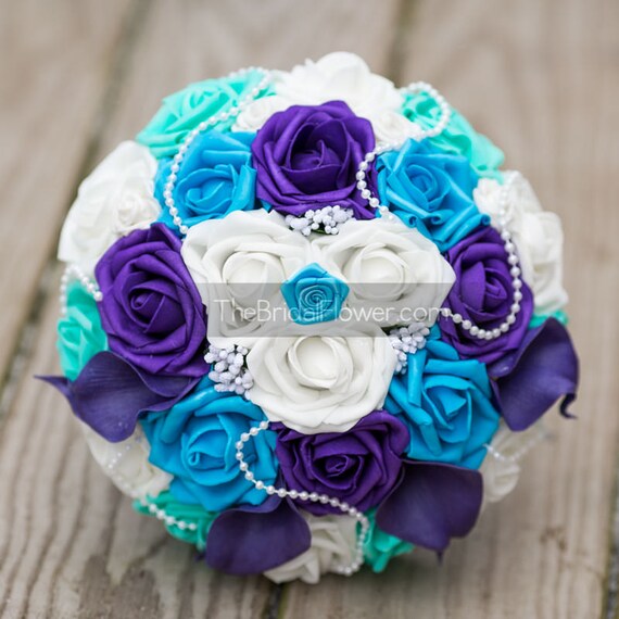 Purple and turquoise wedding bouquet purple and teal bridal