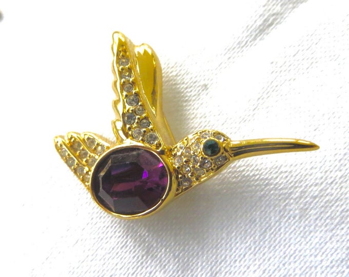 Vintage Hummingbird Brooch, Amethyst Belly, Rhinestone Accents, Bird Pin, Bird Jewelry
