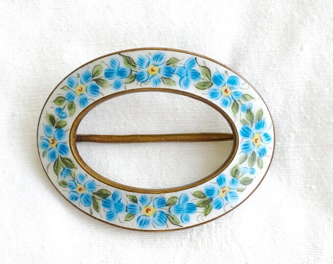 Vintage Enamel Brooch, Forget-Me-Not Flowers, Blue and White Sash Pin, Vintage Forget-Me-Not Jewelry, Gift for Mom