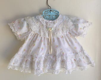 VTG Little Precious Baby Girl Dress White Pink Rosebuds Lace Sz 3-6M