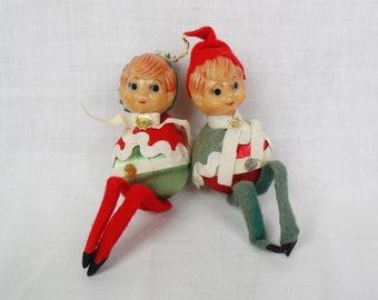 Christmas Elf Ornaments satin balls with felt hat plastic faces vintage lot of 2